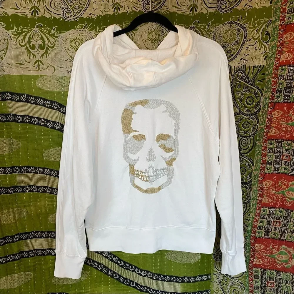 Zadig & Voltaire White Clipper Camo Skull Metallic Embroidery Hoodie Size Medium